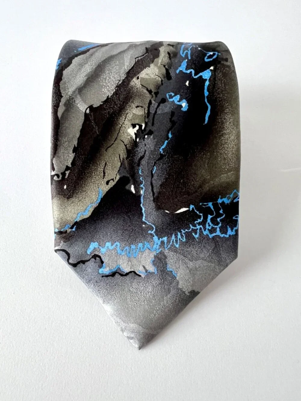 J. Garcia Tie, Capillaries, Collection Fifty-Three, Gray, Black and Blue, Silk